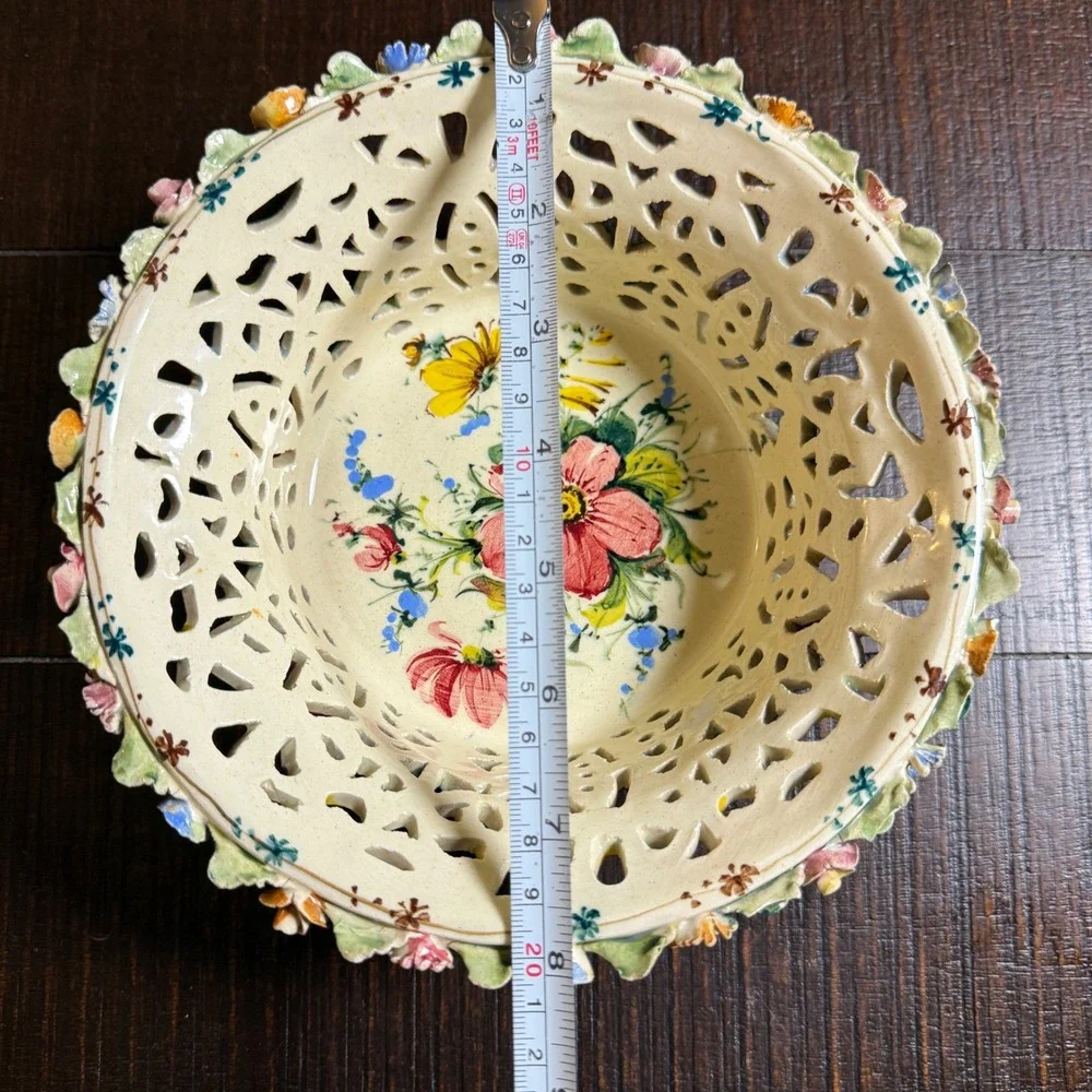 Italian Lattice Ceramic Bowl Majolica Flowers  8